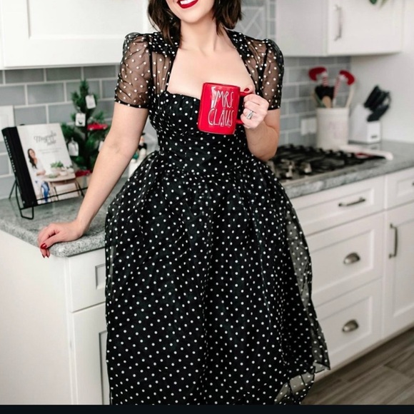 Unique Vintage Black Polka Dot Sheer
Overlay Midi Dress NWT 1X/16 - Picture 2 of 6